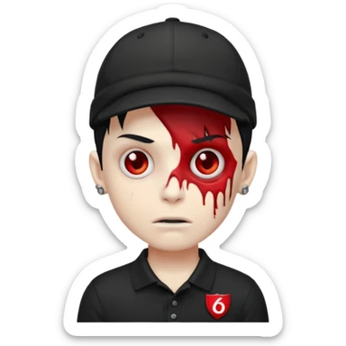 zombie boy emoji with black emo hair and piercing, black polo shirt with Lyon logo, red cap with number 9 sticker