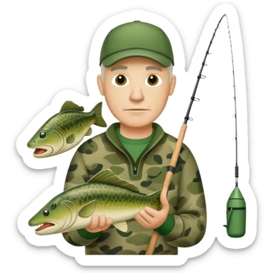 white 40 year old man fishing in green sweater in camo crocs  sticker