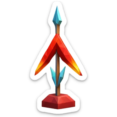 An archery arrow sculpture with a geometric, faceted design. The symbol is standing upright with angular and disney features. The vibrant red flame colors highlights the sharp edges and planes. sticker