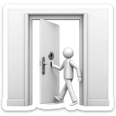 minimalistic icon of a white human figure walking through an open outlined door, viewed from the front, door with visible doorknob, solid green background, flat simple clean lines, high contrast sticker