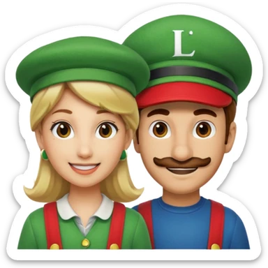 blonde female Luigi (with the Luigi green hat with an L on it) and a normal brown hair male Mario with the red hat with a M on it. They are friends just smiling sticker
