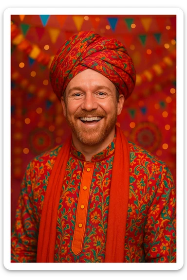a popular singer reimagined as an Indian man wearing a kurta and turban, cheerful, festive look sticker