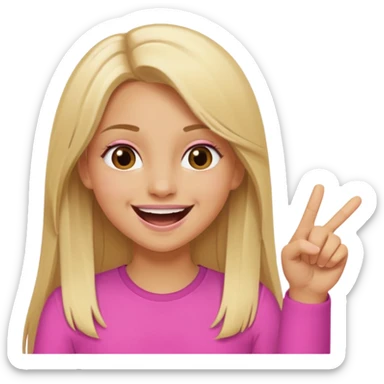 blonde tan girl with long straight hair brown eyes laughing and pointing straight wearing pink  sticker