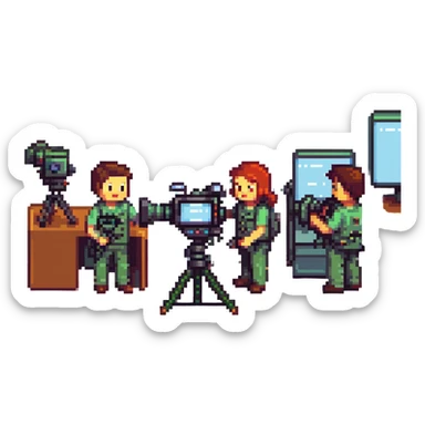 collaboration équipe de tournage with multiple members including caméraman, preneur de son, réalisateur working together around a broadcast camera, dynamic atmosphere, wide shot, team spirit in pixel art style sticker