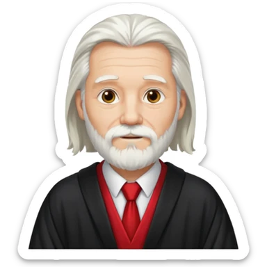 An older man with long white hair and beard, wearing a red tie and black robe sticker