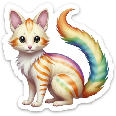 Realistic dull gloomy-dark-deep-grayish-indigo-violet-gradients albino fur with random colorful iridescent rainbow markings beautiful elegant pretty precious cute  Fakémon-Pokémon-opossum-feline-serval-caracal-chinchilla-Minccino-hybrid-creature with a big fluffy bushy striped tail (full body) sticker