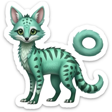 Feral Rare Fantasy minty-cyan pastel-seafoam-green Hunter-forest-green  Vernid-Sergal-Genet-Trico-species by LiLaiRa, random markings, tufted tail, tufted ears, full body sticker