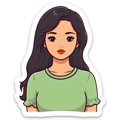 european girl with long black hair, long eyelashes, terracotta lips, light green top sticker