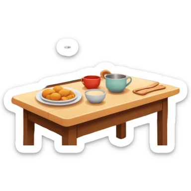 A cozy home kitchen in clean emoji-style illustration. Warm colors, simple shapes, homemade dishes on the counter, friendly atmosphere, flat design, high contrast, clear outlines. sticker