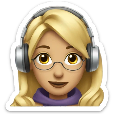 Blonde woman with headphones Studying in library looking at iPad  sticker