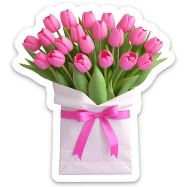 A bouquet of pink tulips in a white paper bag tied with a pink ribbon, in 3D iOS style, pastel colors, soft shadows, clean and minimalistic design. sticker