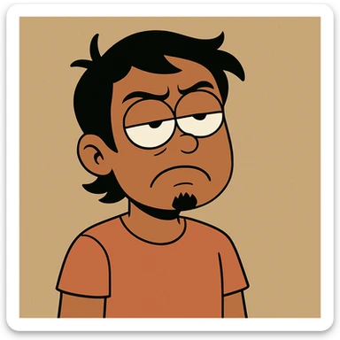 Make the tan skinned person with black hair look more annoyed while rolling his eyes, and add a small goatee beard. Keep the style and background the same as the original image. sticker