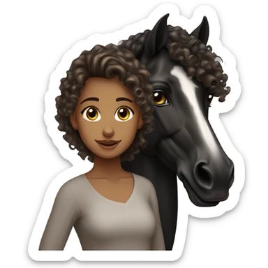 Tan girl, curly hair, beautiful hazel eyes, next to a black Arabian horse sticker