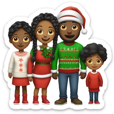 Black family of four members with Dad, Mom, Son, and Daughter. The Son and Daughter are teenagers. The Mom has braids. The Dad is light skinned.All family members are wearing Christmas sweaters and Santa hats.  sticker