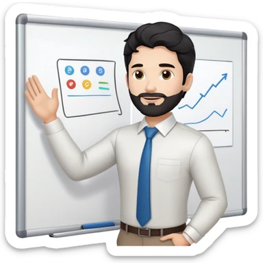 Professional 35-year-old man with black wavy hair, stubble, strong jawline, white skin tone, wearing smart casual business attire, standing in front of a diverse group, facilitating an interactive leadership workshop with whiteboard and participants sticker