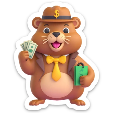 3D emoji style beaver holding a money bag, wearing a flashy ring and a toothpick, gangster look sticker