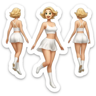 realistic full body caucasian curvy beauty jumping short dress back and front views strong wind white knickers long white socks sticker