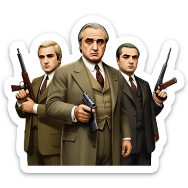 A vintage movie poster-style design featuring Don Vito Corleone surrounded by gangsters with Tommy guns. Include a dark, moody noir atmosphere with skyscrapers of New York in the background. The scene should be tense and mysterious, with a retro cinematic feel. Transparent background. sticker