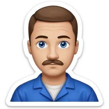 Graffiti from Lockdown with light skin, blue eyes, brown hair and thin mustache , cobalt blue inmate outfit  sticker