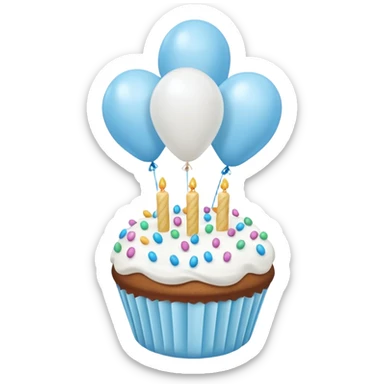 Please make some balloons that are light blue, and place a small cake underneath them. Make the balloons long and make more balloons. sticker