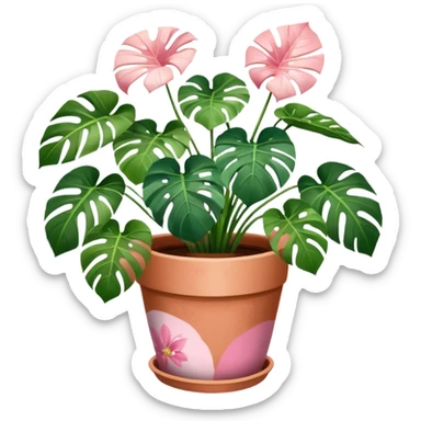 monstera plant in a plant pot in terra cota with white and pink flowers hand painted on the pot  sticker