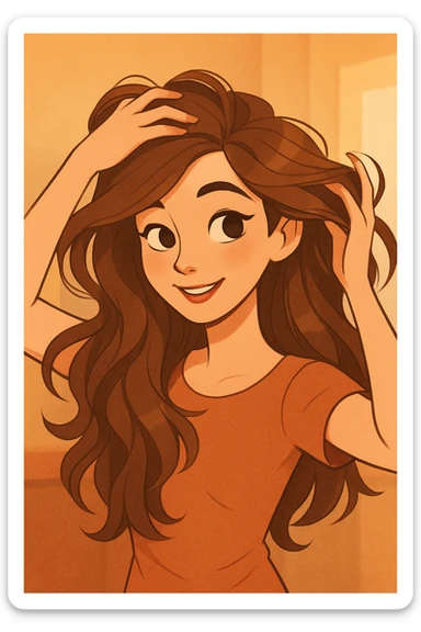 beautiful young woman with flowing brown hair, using her hands to style it, warm and inviting atmosphere, contemporary cartoon style sticker