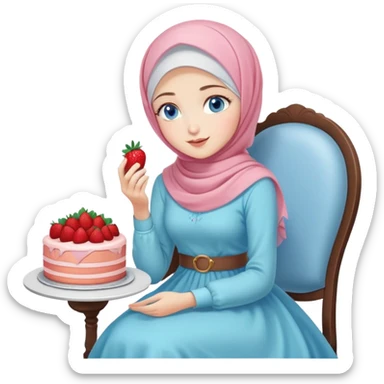 Turkish beautiful finish Konya girl blue eyes with pastel hijab long tail dress and sits on the chair and holds strawberry cake with her hand  sticker