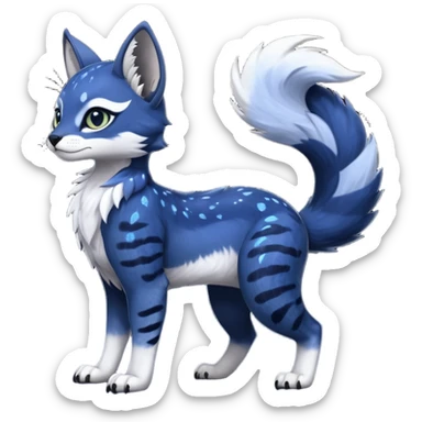 Cute kawaii cool edgy badass  glossy midnight-blue fur with silver starlight dusting fantasy-caracal-civet-genet-sergal-vernid-Gryphon-Cacomistle-Trico-oncilla-animal-Fakémon-hybrid-fursona (full body), facial markings, (realism style) sticker