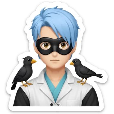 Handsome sexy adult anime man with light-blue hair and a black bird mask, wearing a white lab coat (Il Dottore from Genshin Impact) sticker