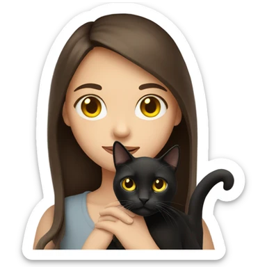 A girl with white skin, mid long brown hair, holding a black cat in her arms with yellow eyes sticker
