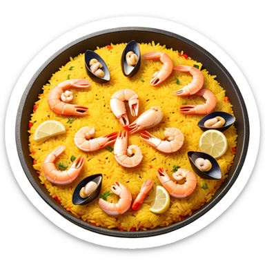 cinematic-realistic-paella-dish-emoji,-depicted-as-a-vibrant,-aromatic-rice-dish-loaded-with-seafood,-chicken,-and-saffron-rendered-with-rich-textures-and-dynamic,-warm-lighting with a lemon slice in the middle sticker
