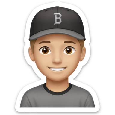 Create a teen boy wearing a faded black T-shirt. He will have light brown hair that is buzzed, tan skin, and dark brown eyes. He is wearing a gray baseball hat turned backwards. He is smiling sticker