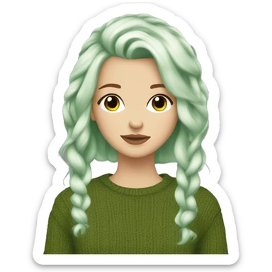Pretty brown eyed white girl with green hair, with olive green sweater reading cozy sticker