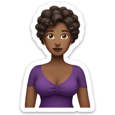 curvy woman holding chest, dark brown hair, purple dress, and a star on her face sticker