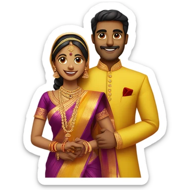 Tamil south indian bride in yellow saree with red border and groom wearing purple sherwani for Engagement  sticker