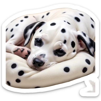 Cinematic cute Sleeping Dalmatian Portrait Emoji, cute and serene, with a round, plump build and a glossy white coat adorned with distinctive black spots, eyes gently closed in peaceful slumber, Simplified yet irresistibly endearing features, highly detailed, glowing with a gentle, dreamy glow, high shine, relaxed and content, stylized with a touch of whimsy, bright and heartwarming, soft glowing outline, capturing the essence of a blissfully sleepy companion, so comically serene it feels like it could roll out of the screen and snore with adorable charm! sticker
