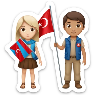 Girl holding Turkish  flag and boy holding Afghan flag sticker