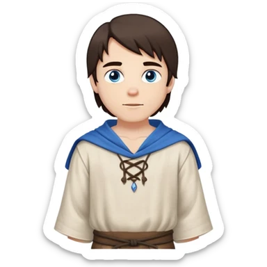 medieval spring outfit worn by a DnD themed fantasy male character. simple linen tunic with a drawstring neckline, paired with a lightweight wool shoulder wrap for mild breezes. clothes only above the waist. The clothes full waist. The character's haven't arms. character is white-skinned, dark brown hair, blue eyes, medium-length straight hair. sticker