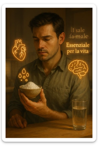 A realistic, cinematic illustration of a man in his early 30s holding a small bowl of unrefined sea salt in his hand, looking at it with awareness and respect. Around him, glowing minimalistic symbols of a beating heart, a brain, and hydrated cells appear, indicating the essential role of sodium in hydration, nerve conduction, and overall cellular health. In the background, faint text or floating words show the false myths: ‘Il sale fa male’, crossed out gently, while the phrase ‘Essenziale per la vita’ glows softly. The setting is a warm, softly lit kitchen with a glass of water nearby, emphasizing balance. The color palette is warm, natural, and calming, emphasizing that salt, when used consciously, is vital for human health, against common misconceptions demonizing it. sticker