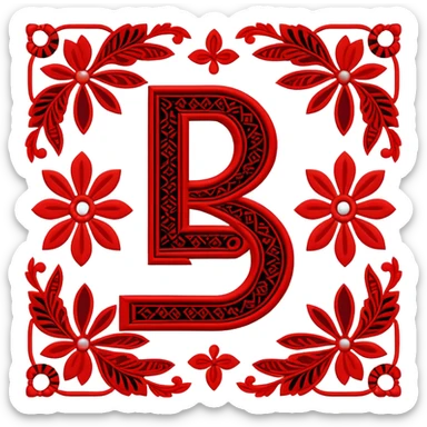 Stylized ruble sign (₽) with Udmurt traditional embroidery patterns, ethnic geometric decoration, red black and white colors sticker