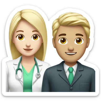 blonde female pharmacist next to male with black hair and pale skin sticker