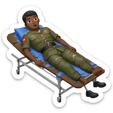 
a man of oriental appearance, dressed in torn clothes, full length, unconscious, in a prone position, with injuries on a black military stretcher, 1980 sticker