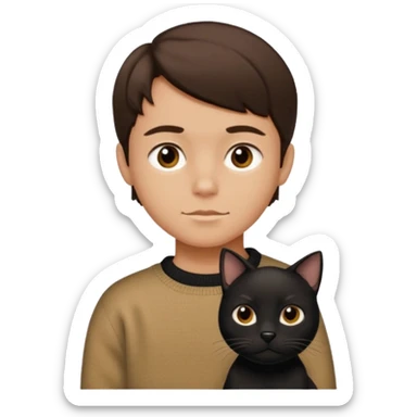 simplified kid with chiseled jawline, brown eyes, flat brown hair, vintage sweater, with black dog and black cat in Apple emoji style sticker