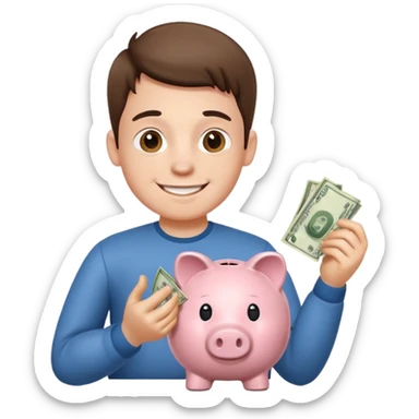A young guy puts money in a piggy bank. sticker