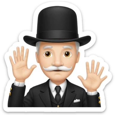 very big white moustachhe and typical 1900 black elegant clothes and hat . politician pose uses hands sticker
