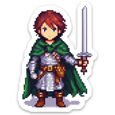 pixel art JRPG character with a sword and cape, fantasy adventurer style sticker