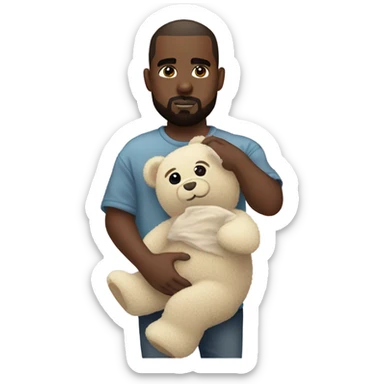 Kanye West holding a teddy bear with rainbow eyes sticker