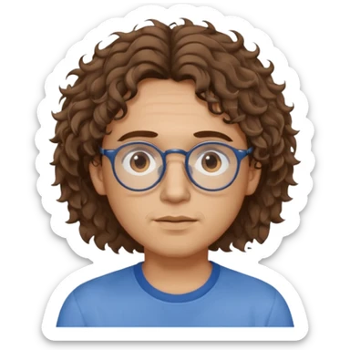 Slim, slightly oval face, light skin.
Medium-length brown wavy/curly hair, slightly messy.
Brown eyes, round eyeglasses.
Soft, calm expression.
No beard or very light stubble.
Minimal, high-quality style, not cartoonish.
Neutral background, soft lighting. sticker
