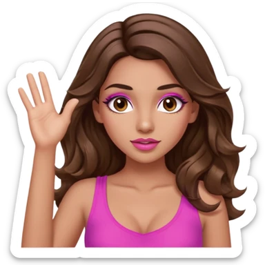 girl with long wavy brown hair, brown eyes, long lashes makeup, sexy pink lips, light to medium complexion, pink sexy top, two hands up shrugging sticker