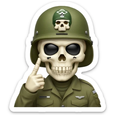 A bold emoji-style (bodyless) white skull wearing a realistic modern army helmet, making a shushing gesture (index finger bone held up to mouth area). Clean vector style,modern emoji aesthetic.The helmet has detailed realistic texture. sticker